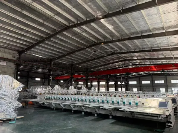 Multi-head embroidery machines on the factory floor