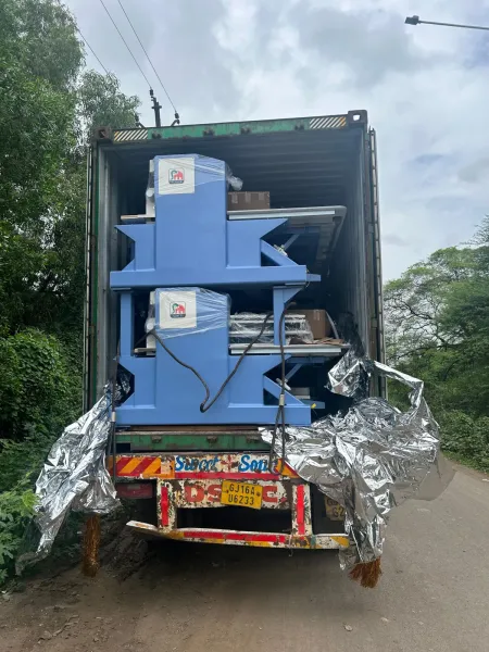 Machine frame arriving by truck